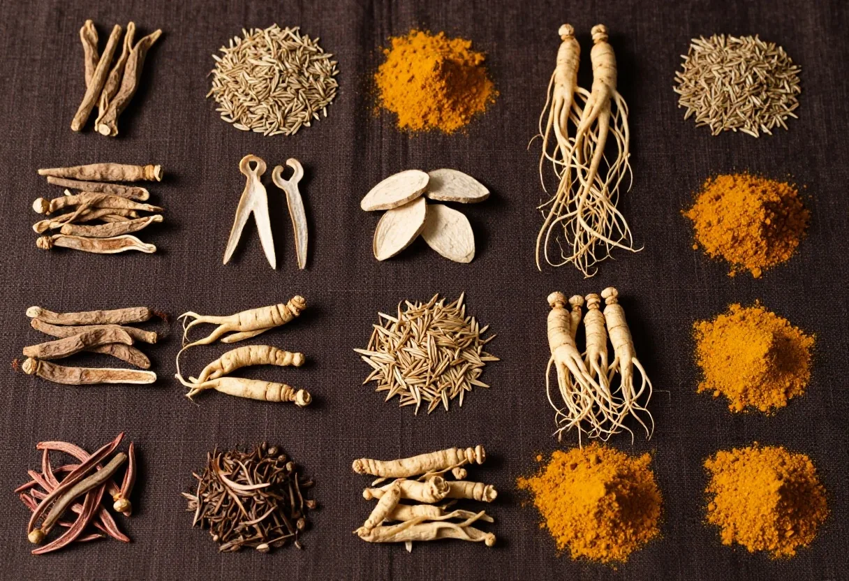 Arranged botanical ingredients on dark woven textile