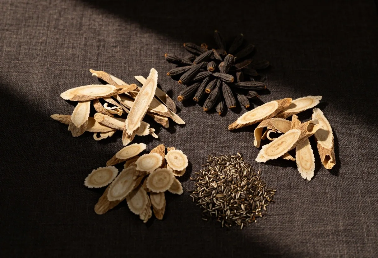 Arranged botanical sorts on dark woven textile under warm raking light