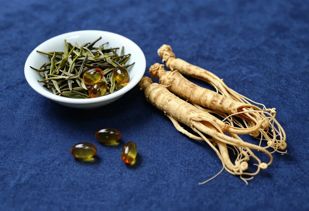 Arranged botanical ingredients on dark woven textile
