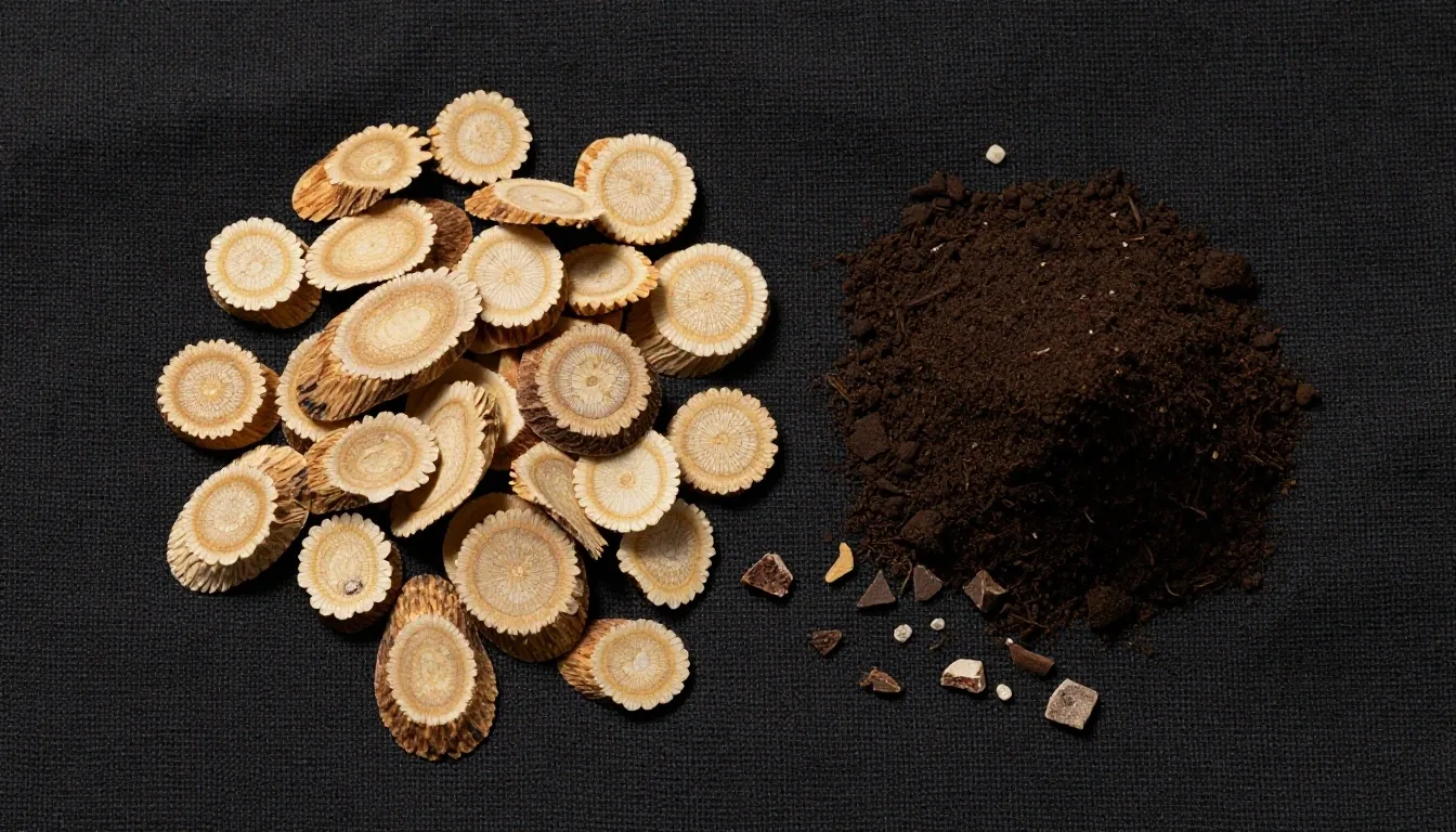 Arranged botanical ingredients galley on dark textile