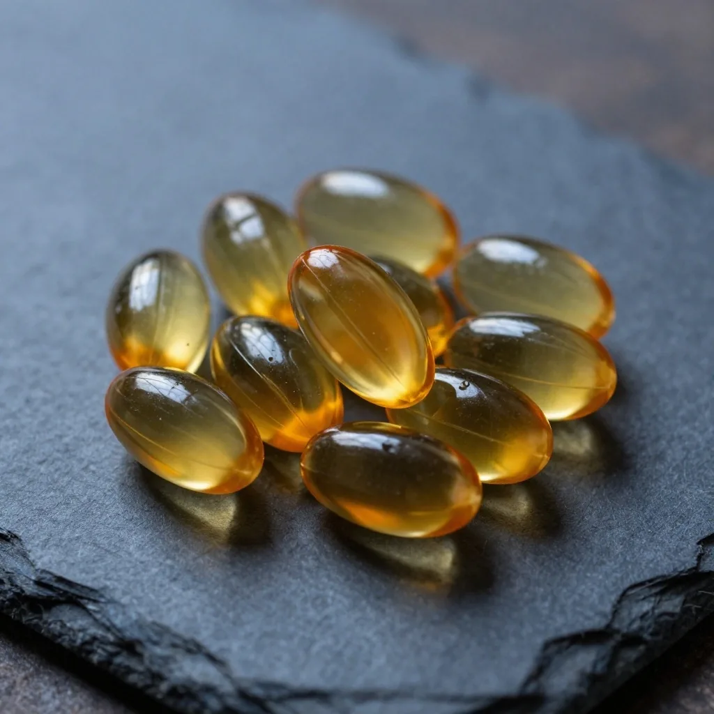 CoQ10 capsules on dark textile