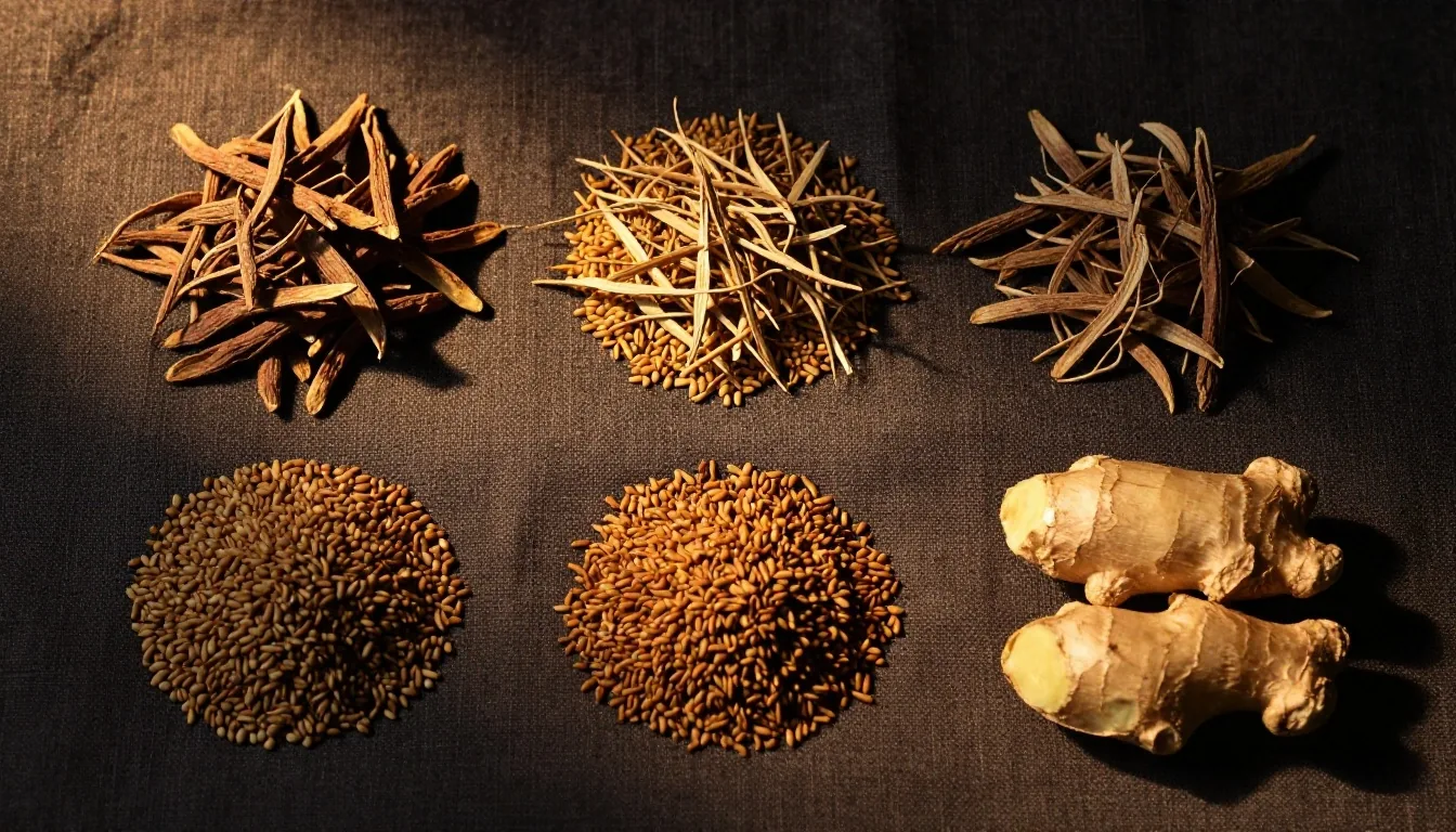 Botanical ingredients arranged on dark woven textile