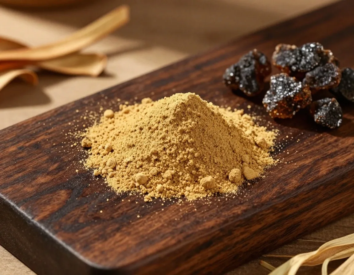 Dried herbal ingredients arranged on dark textile