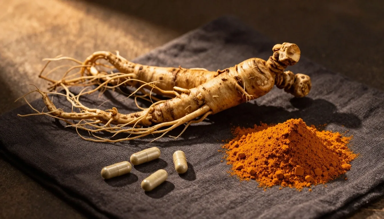 Ginseng root and turmeric powder on dark textile