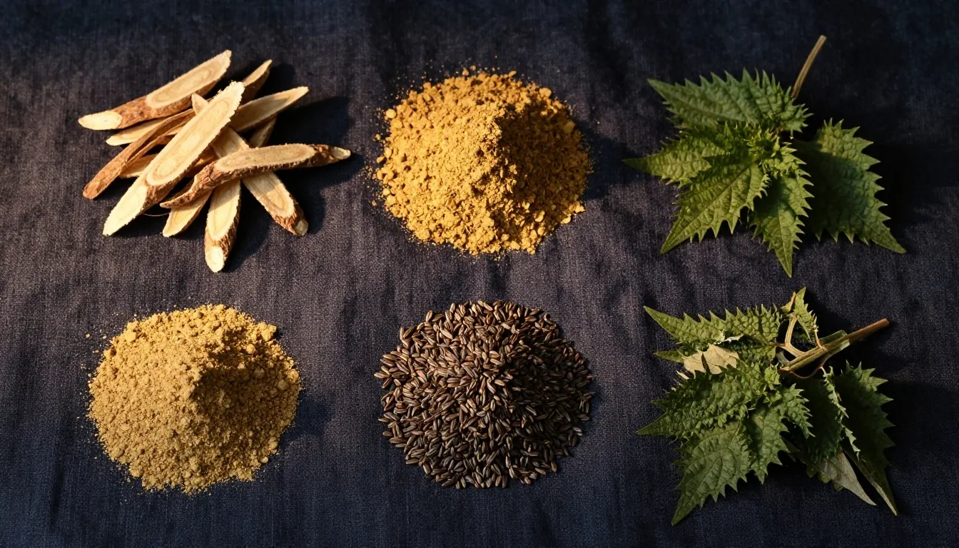Sorted botanical ingredients on dark textile