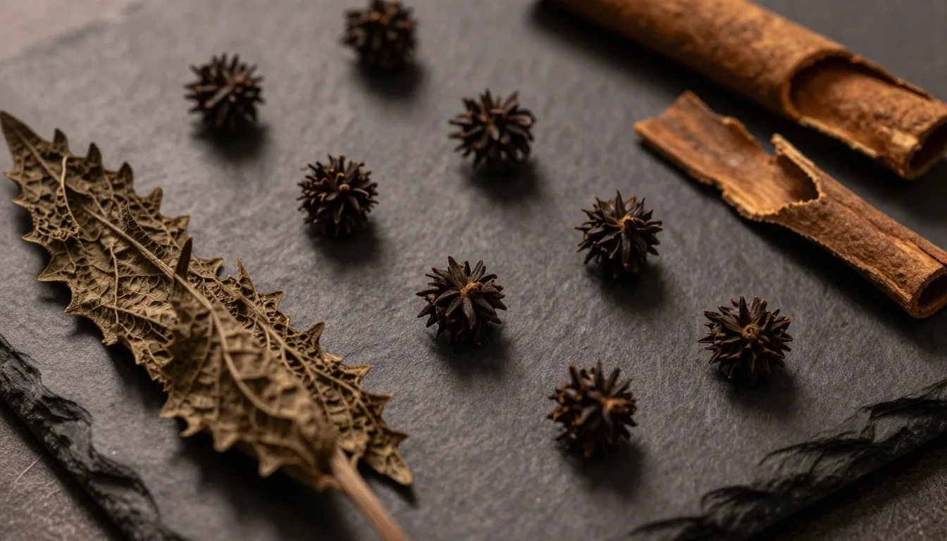 Botanical ingredients arranged on dark textile