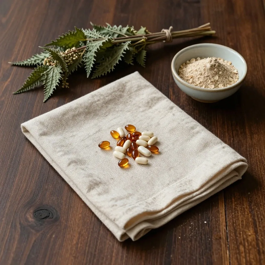 Linen cloth with capsules and dried herbs on dark wood
