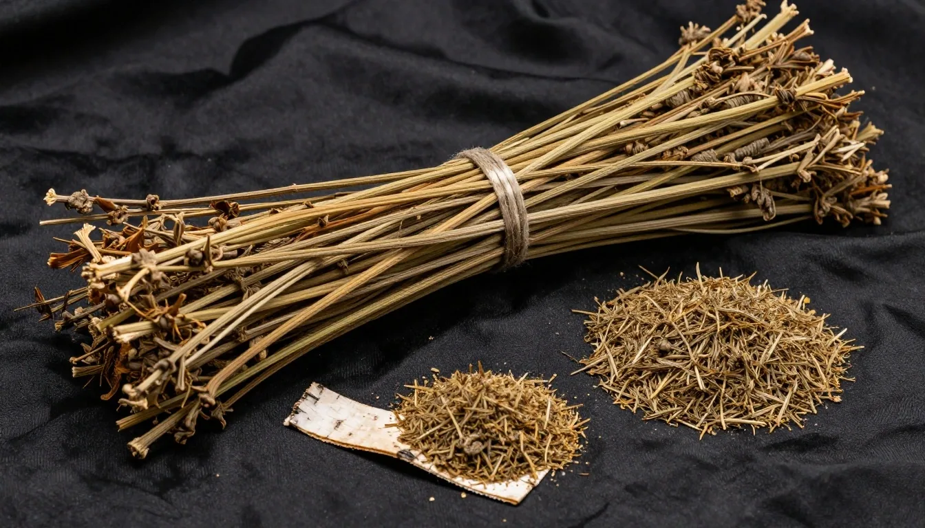Botanical ingredients arranged on dark textile