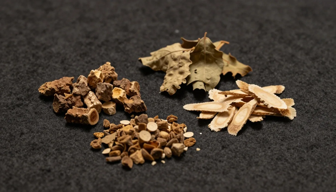 Arranged botanical ingredients on dark woven textile