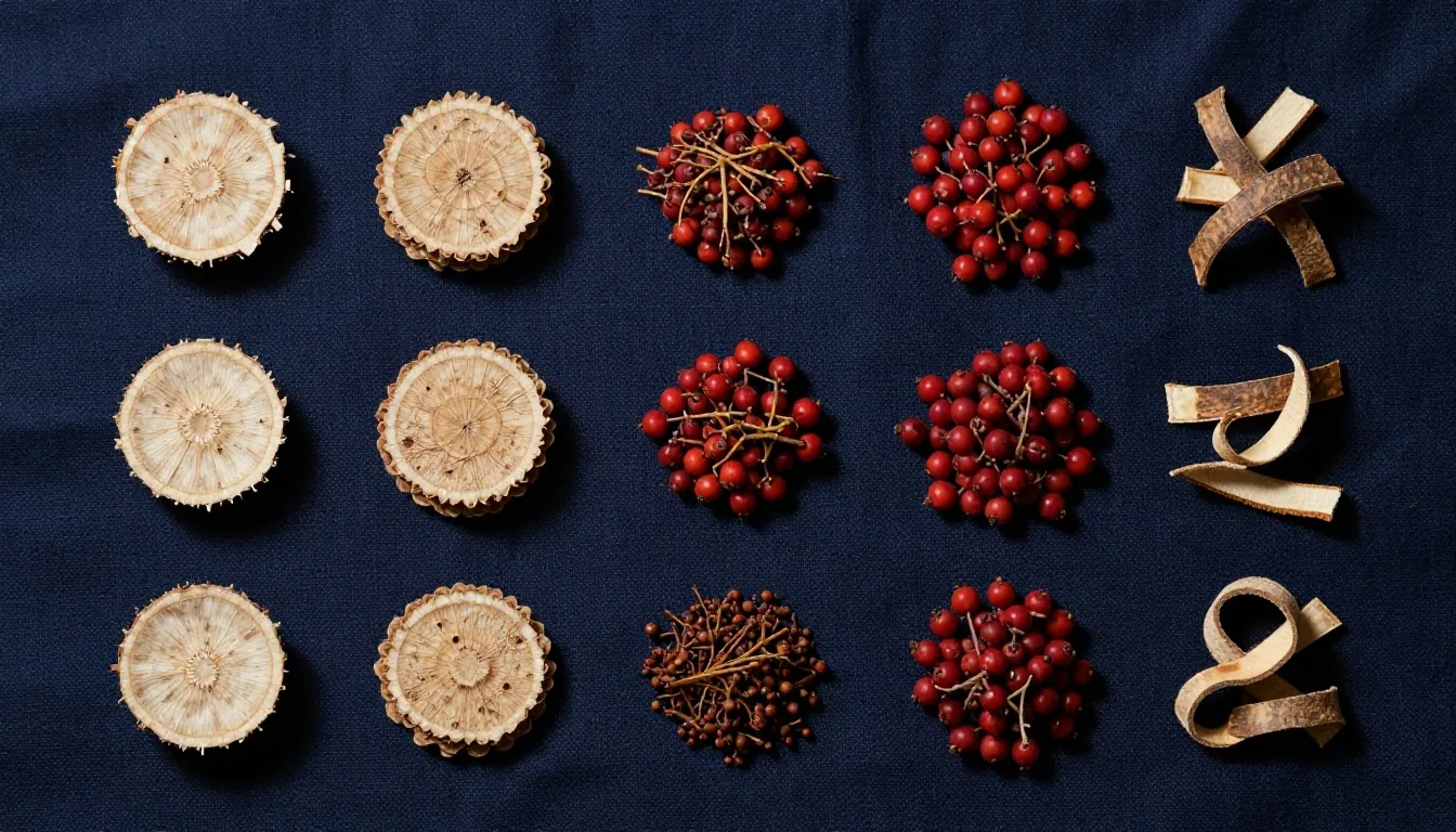 Arranged botanical ingredients on dark woven textile